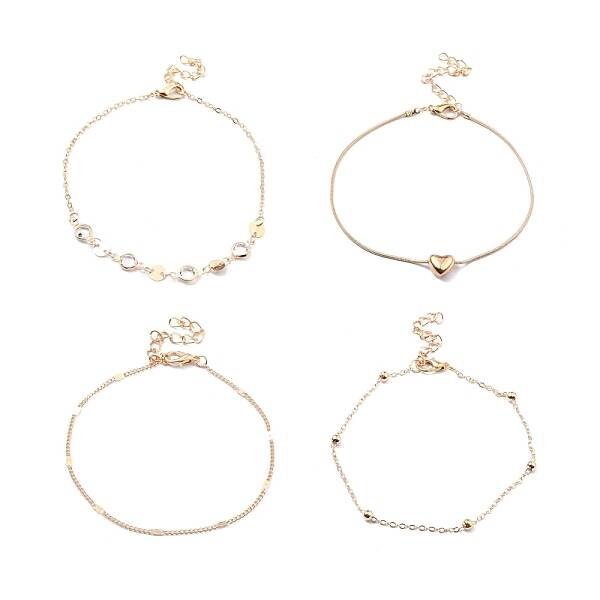 4Pcs 4 Style Alloy Chain Anklets Set with Heart