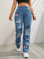 High Waisted Straight Leg Jeans for Women Trendy Butterfly Print Ripped Distressed Denim Pants Does not apply
