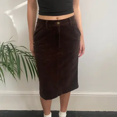 Cristina Capucci Midi Cord Skirt - 28W UK 8 Brown Cotton Blend