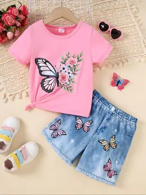 Two-piece Set Girl's Butterfly Print Short Sleeve Tee & Denim-effect Print Shorts Set, Casual Round Neck T-shirt & Shorts for...