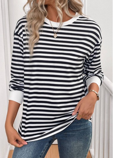 Modlily Black Patchwork Striped Long Sleeve Round Neck T Shirt - XXL