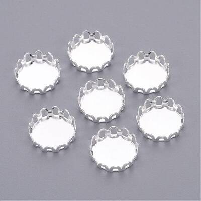 Silver Color Plated Brass Blank Base Flat Round Lace Edge Bezel Cups