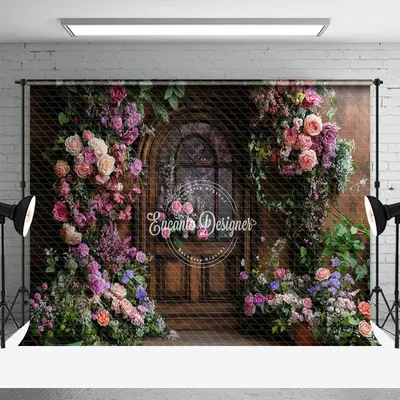 Aperturee Colorful Floral Plant Brown Door Spring Backdrop, 3X2FT(1MX0.6M), 14 USD, spring backdrops, ENHD1J98-M