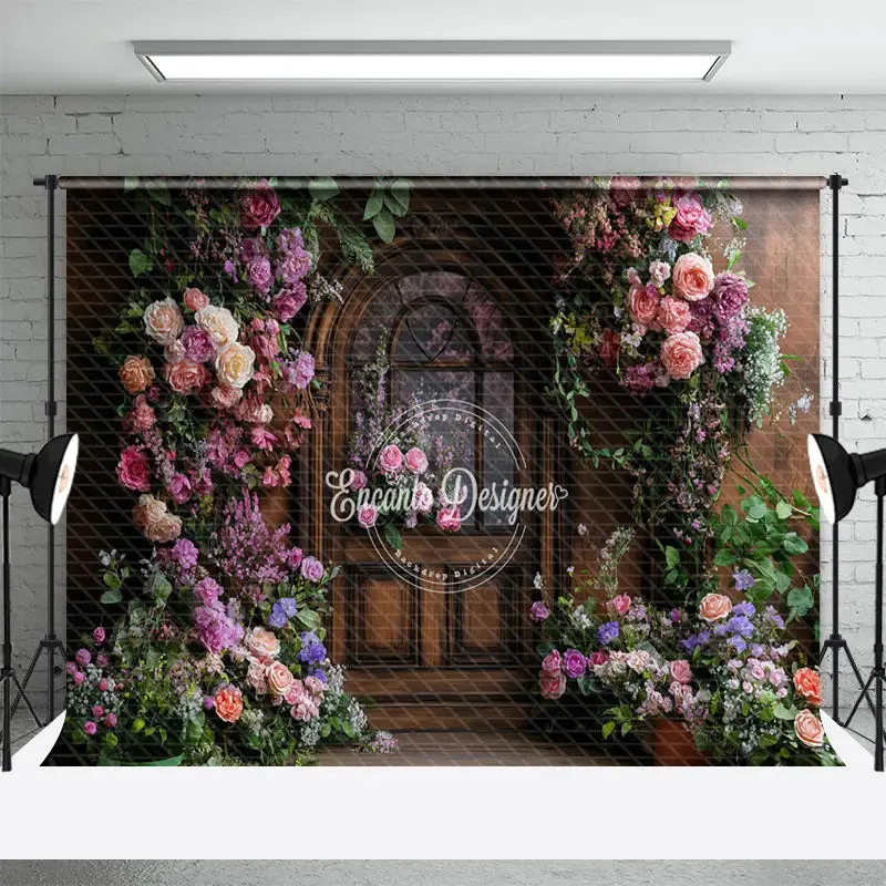 Aperturee Colorful Floral Plant Brown Door Spring Backdrop, 3X2FT(1MX0.6M), 14 USD, spring backdrops, ENHD1J98-M