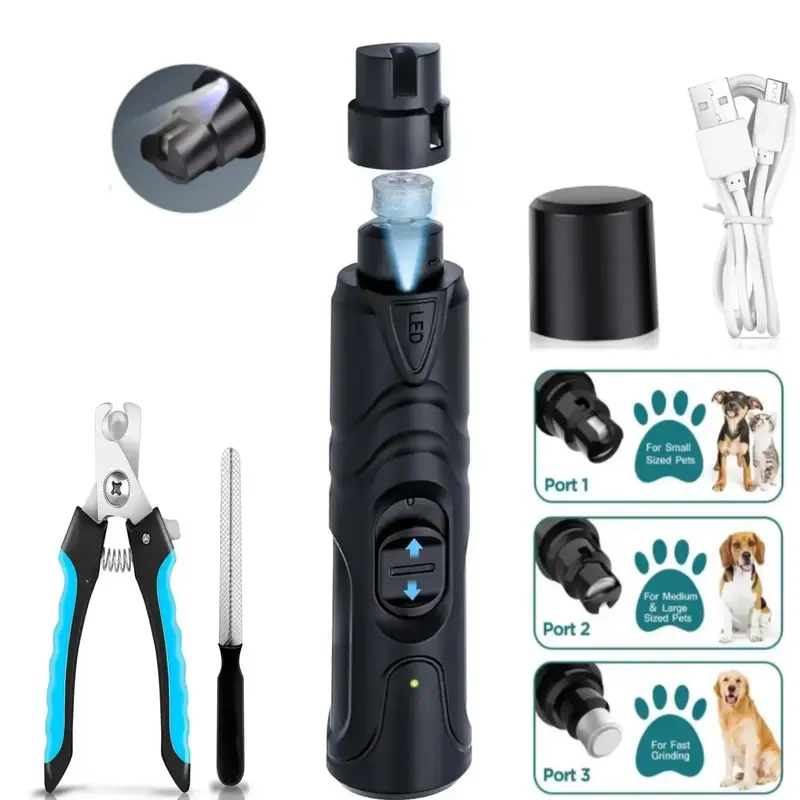 Pet Nail Polisher, 1 Set Pet Nail Clipper with LED Light, 2 Speed Painless Nail Trimmer & Hair Clipper, Dog & Cat Grooming Su...