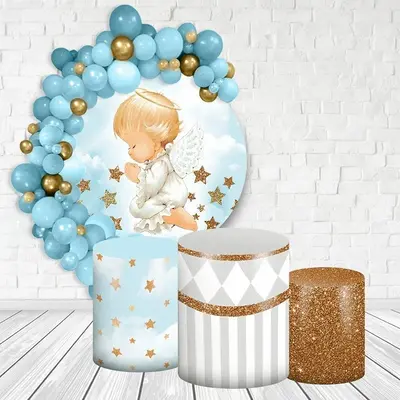 Aperturee Blue And Gold Glitter Angle Round Baby Shower Backdrop Kit | Round Baby Shower Backdrop | Round Backdrop Baby Showe...
