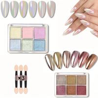Iridescent Aurora Nail Powder with Sponge Sticks, 6 Color Metallic Mirror Effect Pigment Powder for Nail Art, Pearlescent Mer...