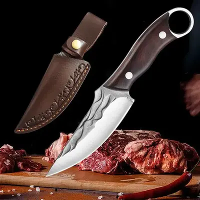 High Carbon Steel Kitchen Knife, Multipurpose Butcher Knife with Sheath, Hand-forged Knife for Meat Cutting, Chef Knife for C...