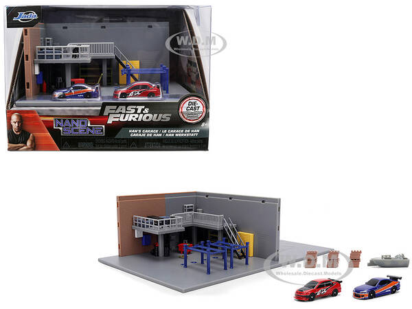 Fast & Furious Han's Garage Diorama with 2 Cars and Accessories Nano Scene Series 1/32 Model by Jada