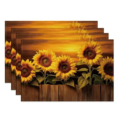 Aperturee Yellow Sunflower Sunset Wood Grain Set Of 4 Placemats, 14x12 Inch, 15.8 USD, NYLX00536-S, placemats