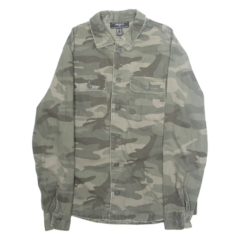 FOREVER 21 Mens Shirt Green Camouflage Long Sleeve M