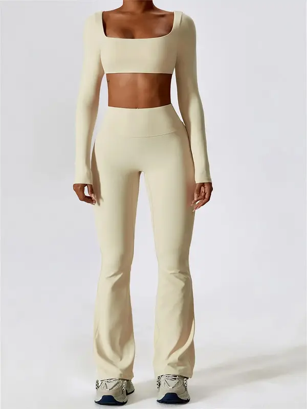 Women's Solid Square Neck Crop Top & High Waist Flare Leg Pants Tracksuit Set, Sporty Comfy Breathable Long Sleeve Cropped To...