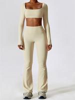 Women's Solid Square Neck Crop Top & High Waist Flared Yoga Pants Tracksuit Set, Sporty Comfy Breathable Long Sleeve Cropped ...
