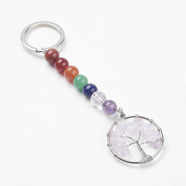 Gemstone and Natural Quartz Crystal Chakra Keychain