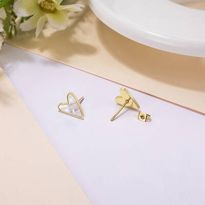 Stainless Steel Heart Stud Earrings with Natural Stone & Mother-of-Pearl