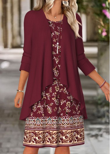 Modlily Wine Red Tummy Coverage Floral Print Dress and Cardigan - L
