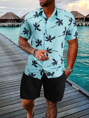 2 Counts Men's Plants Print Shirt & Pocket Drawstring Shorts Set, Boho Casual Tropical Print Button Down Hawaiian Shirt & ...