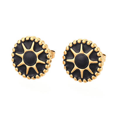 Flat Round with Sun 304 Stainless Steel Enamel Stud Earrings