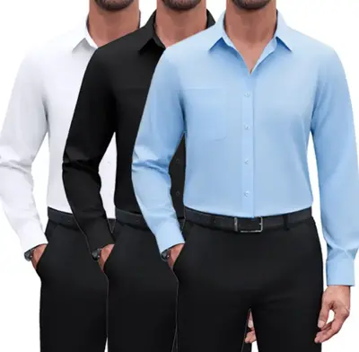 3-Pack Alimens&Gentle Mens  Dress Shirts 4-way Streth Long Sleeve Collared Solid Wedding Dating Button Down Shirts Casual Bre...