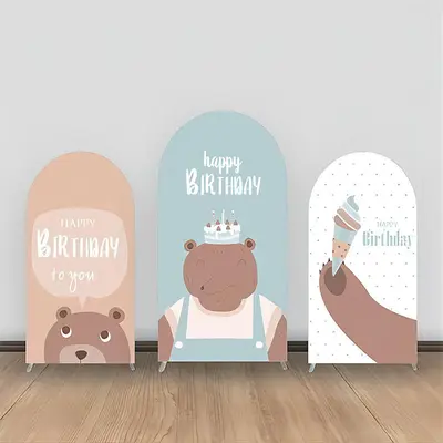 Brown Bear Ice Cream Cake Dot Blue Arch Backdrop Kit - Aperturee