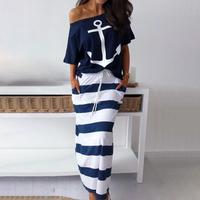ChicMe Women's Boat Anchor Print T-Shirt & Striped Drawstring Skirt Set