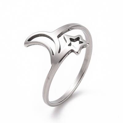 Non-Tarnish 201 Stainless Steel Moon & Star Finger Ring