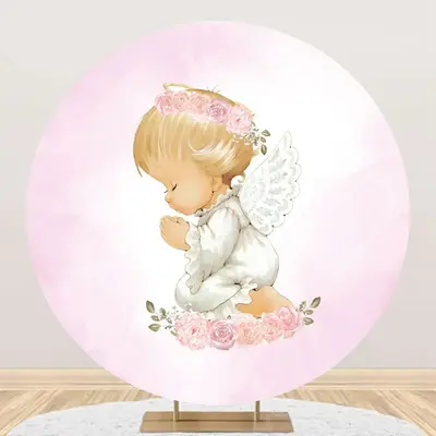White Pink Floral Wing Angel Baby Baptism Backdrop