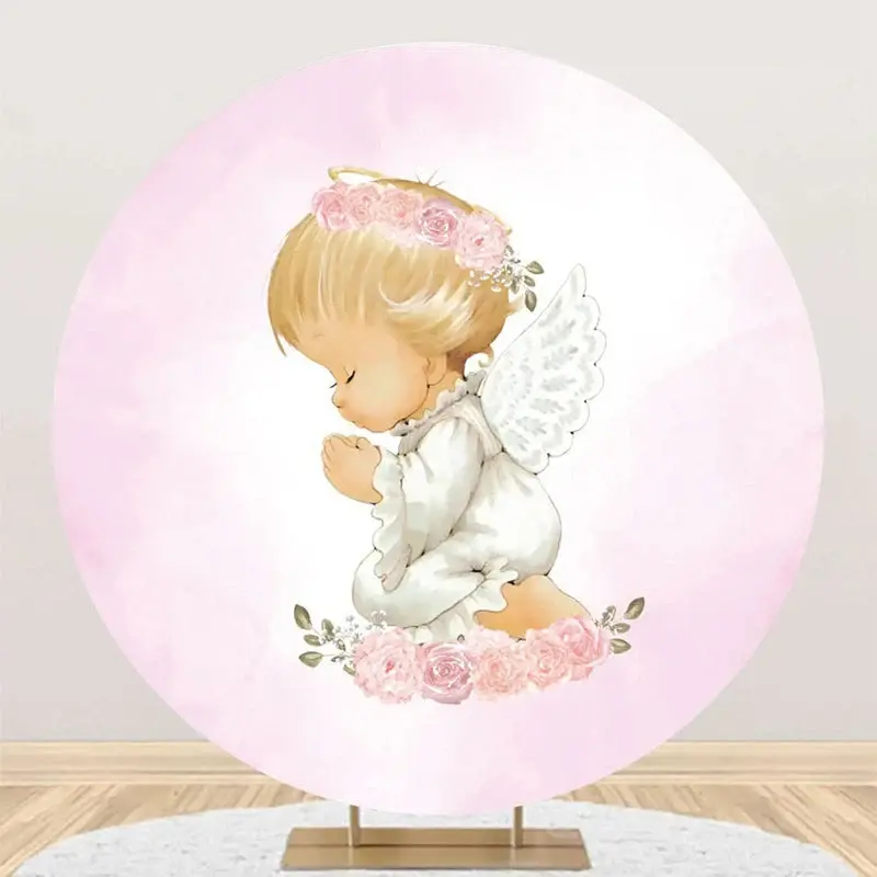 White Pink Floral Wing Angel Baby Baptism Backdrop