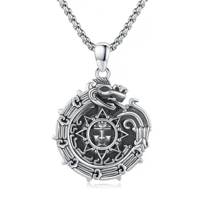 Sterling Silver Ouroboros & Aztec Calendar Pendant Necklace for Men