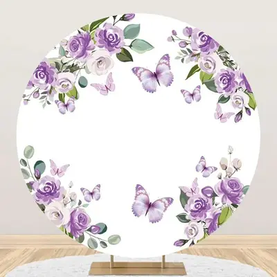 Purple Floral Leaf Butterfly Round Birthday Backdrop - Aperturee