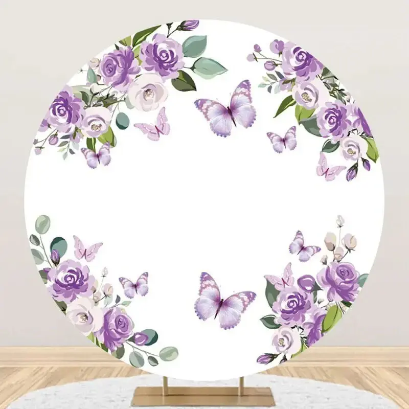 Purple Floral Leaf Butterfly Round Birthday Backdrop - Aperturee