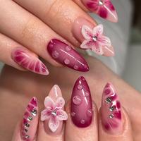 Almond Fake Nail, 24pcs/set Flower Decor Fake Nail with Nail File & Jelly Glue, Removable Full Cover Artificial Fake Nail, Wo...