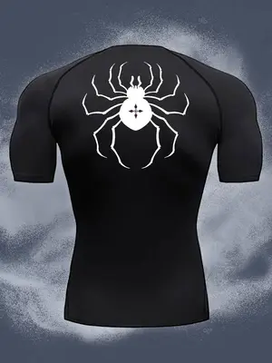Men's Spider Print Round Neck Sports Tee, Tight Sporty Breathable Comfortable Short Sleeve T-shirt for Gym Workout, Men's Spo...