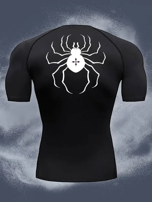 Men's Spider Print Round Neck Sports Tee, Tight Sporty Breathable Comfortable Short Sleeve T-shirt for Gym Workout, Men's Spo...