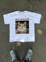 Men's Cat & Letter Print Round Neck Tee, Regular Fit Street Fashion Casual Streetwear Short Sleeve Printed Shirts for Daily W...