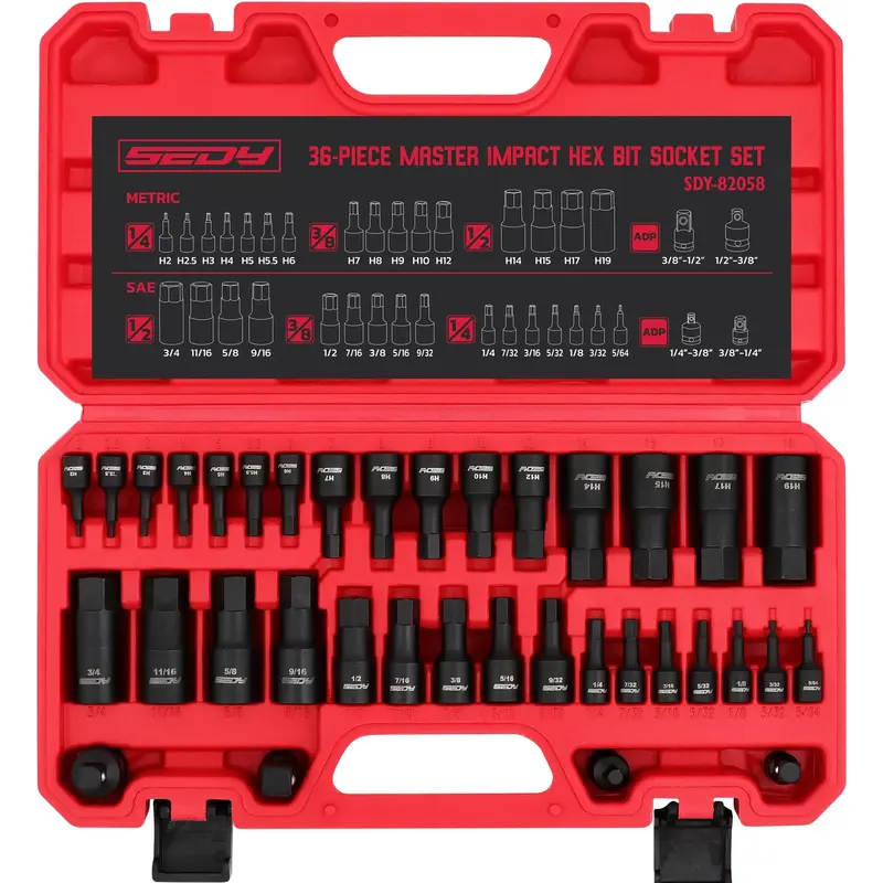 Hex Bit Impact Socket Set: 36-Piece with 4 Adapters, 1/4\