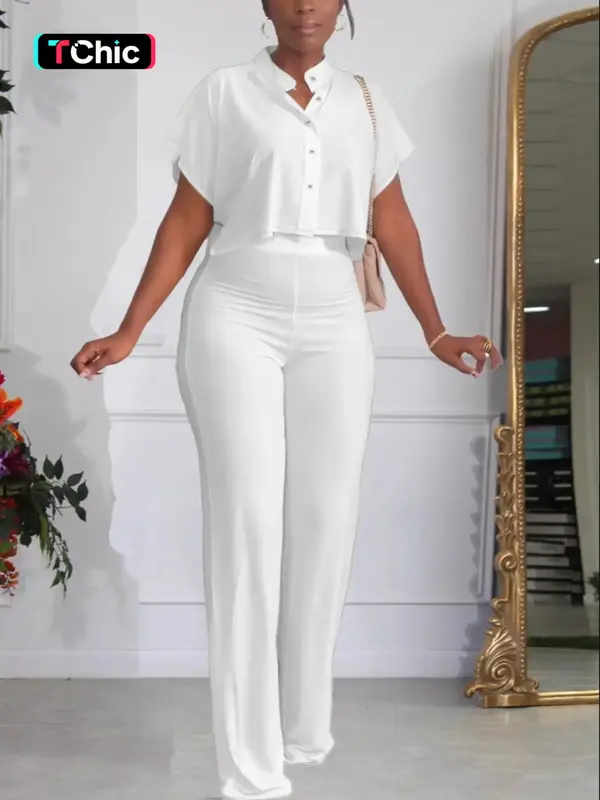 Two Piece Set Women's Back To School Solid Button Front Crop Blouse & Elastic Waist Pants Summer Sets, Batwing Sleeve Stan...