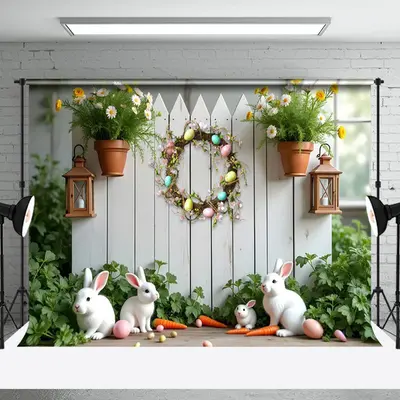 Aperturee Spring Greenery Wreath Bunny Easter Photo Backdrop, 3X2FT(1MX0.6M), 14 USD, easter backdrops, NYHD6I04-M