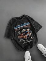 Men's 100% Cotton Street Style Racing Pattern Print Distressed Round Neck  Tee, Regular Fit Vintage Trendy Casual Comfy Short...