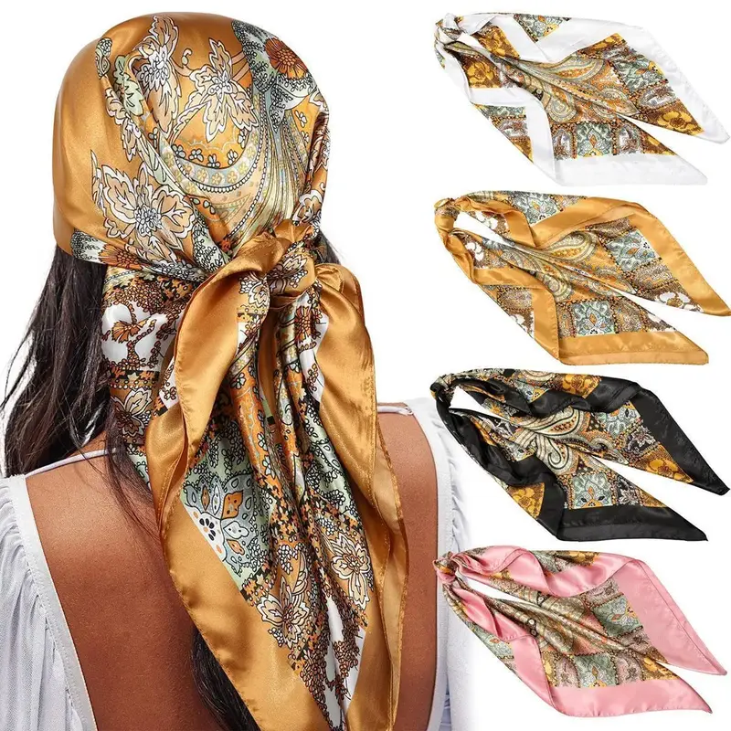 4PCS/Set 35'' Printed Square Head Scarf Neck Scarves for Women Silk Like Hair Kerchief Bandanas Neck Scarf Sleeping Head Wrap...