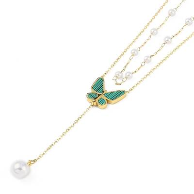Ion Plating(IP) Golden Tone 304 Stainless Steel Double Layer Butterfly Pendant Necklaces for Women