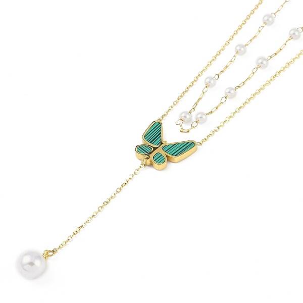 Ion Plating(IP) Golden Tone 304 Stainless Steel Double Layer Butterfly Pendant Necklaces for Women