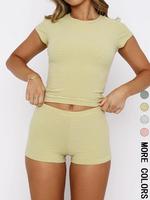 Two-piece Set Women's Striped Print Shortsleeve Crop Tee & Shorts, Casual T-shirt & Shorts for Daily Wear, Ladies Two-piece S...