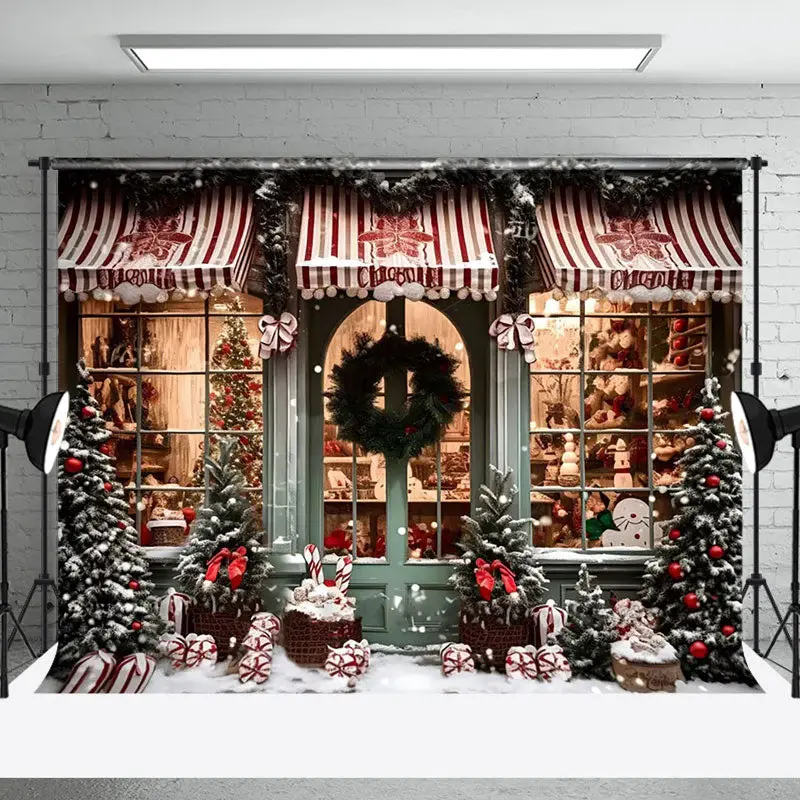 Aperturee Retro Green Shop Snowy Xmas Trees Christmas Backdrop - Aperturee