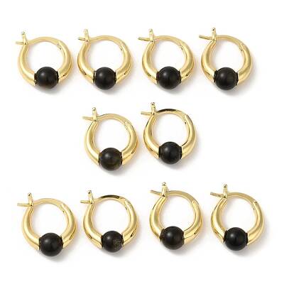 Natural Obsidian Round Beaded Hoop Earrings