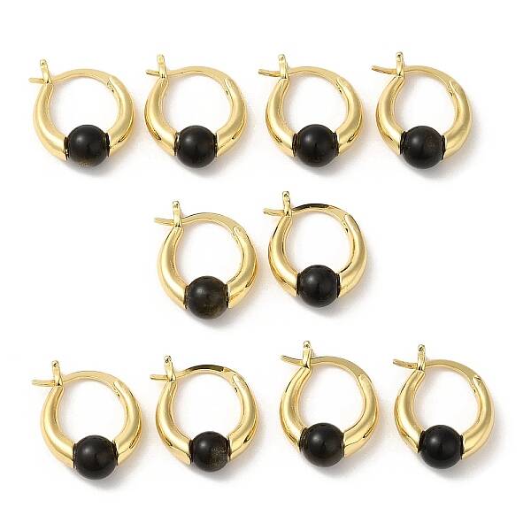 Natural Obsidian Round Beaded Hoop Earrings