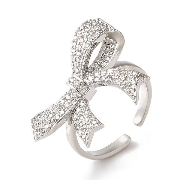 Bowknot Brass Micro Pave Clear Cubic Zirconia Open Cuff Rings for Women