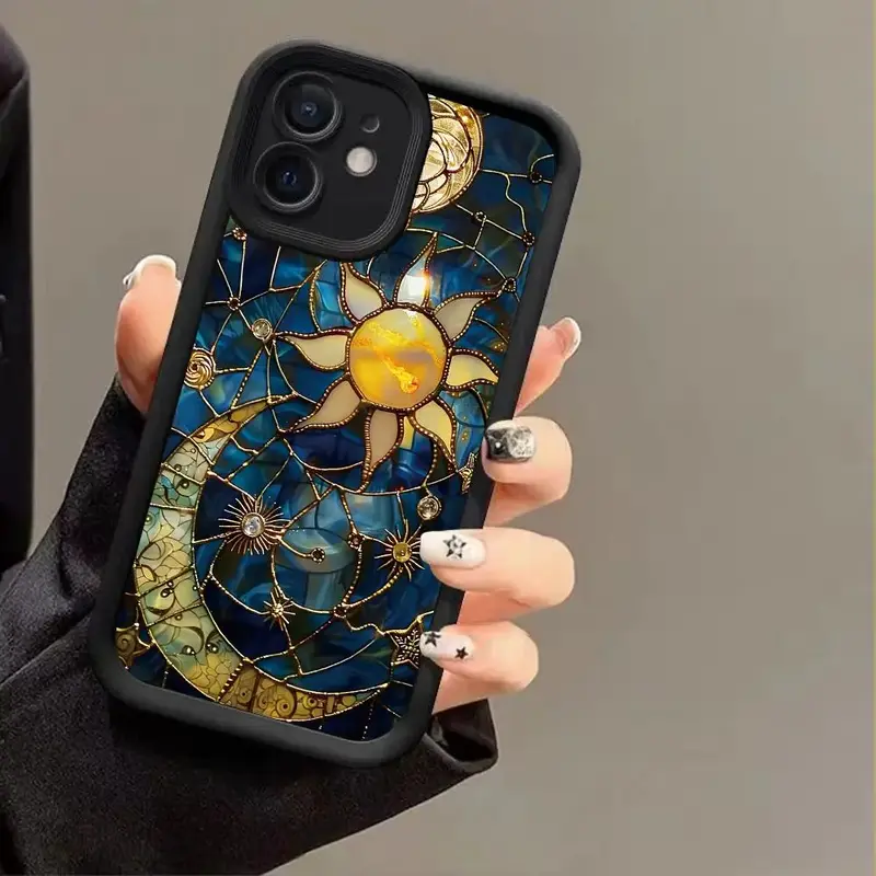 Creative Sun & Moon Pattern Phone Case, Shockproof Phone Protective Cover, Phone Accessory Compatible with iPhone 16 15 14 13...