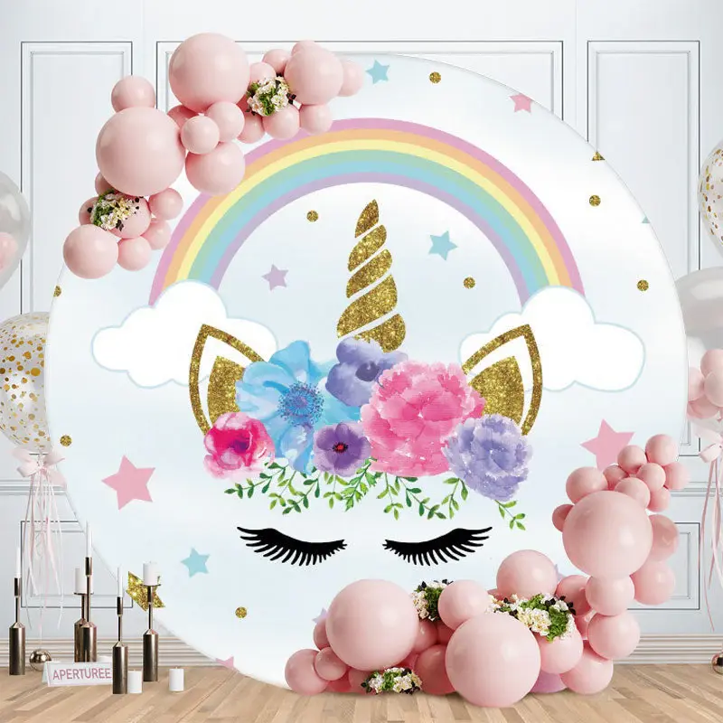 Aperturee Round Flower Leaves Unicorn Happy Birthday Backdrop