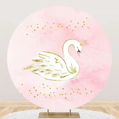 Pink White Gold Glitter Swan Round Birthday Backdrop - Aperturee